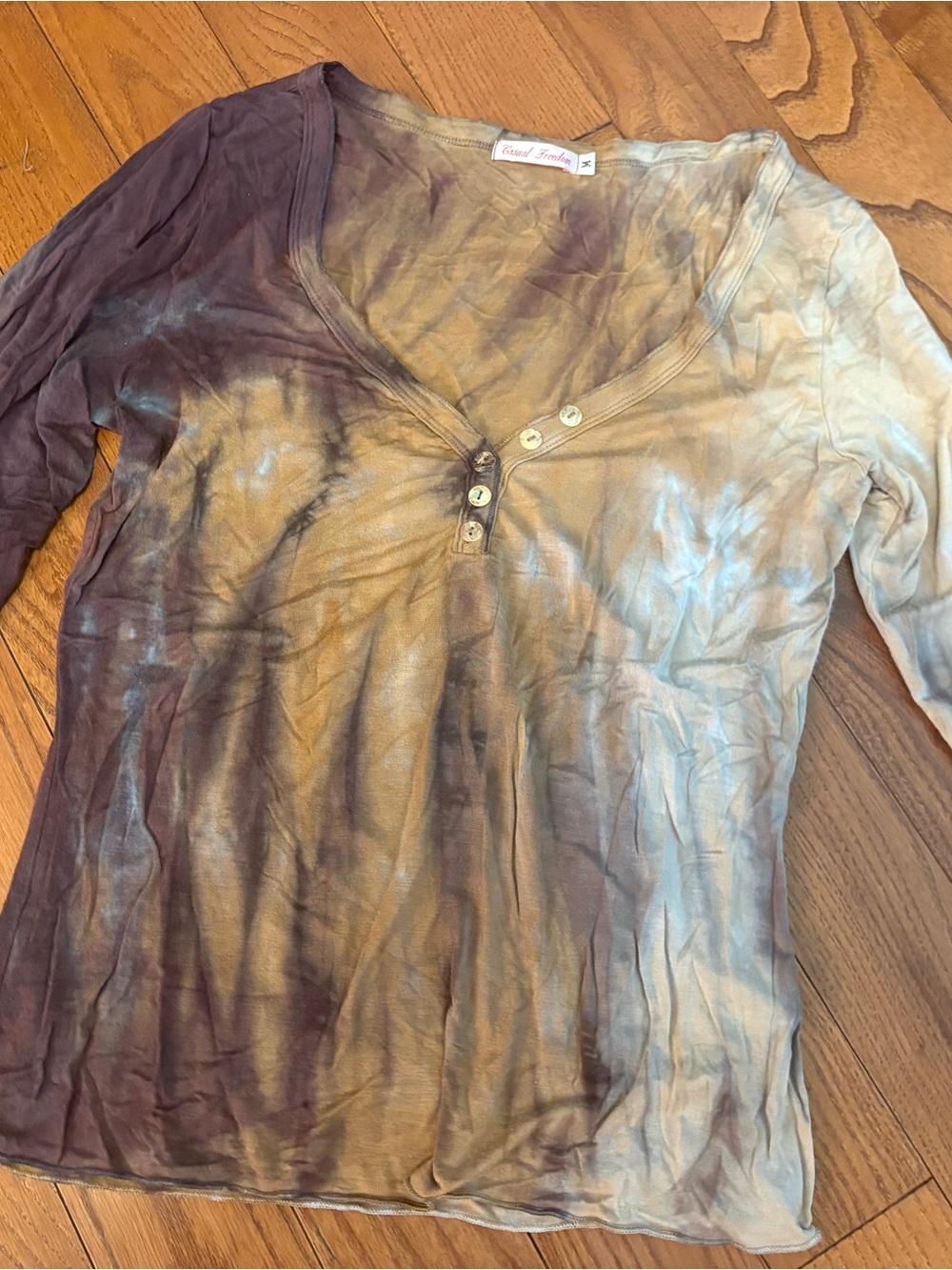 Casual Tie-Dye Henley Top in shades of tan, brown and cream.
